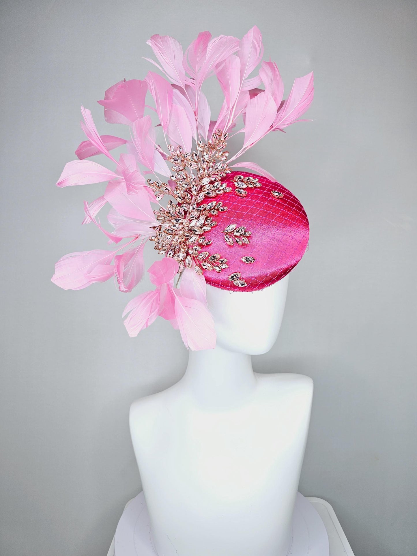 kentucky derby hat fascinator hot pink satin with netting and light pink crystal beaded jewels stems, light blush pink branching feathers