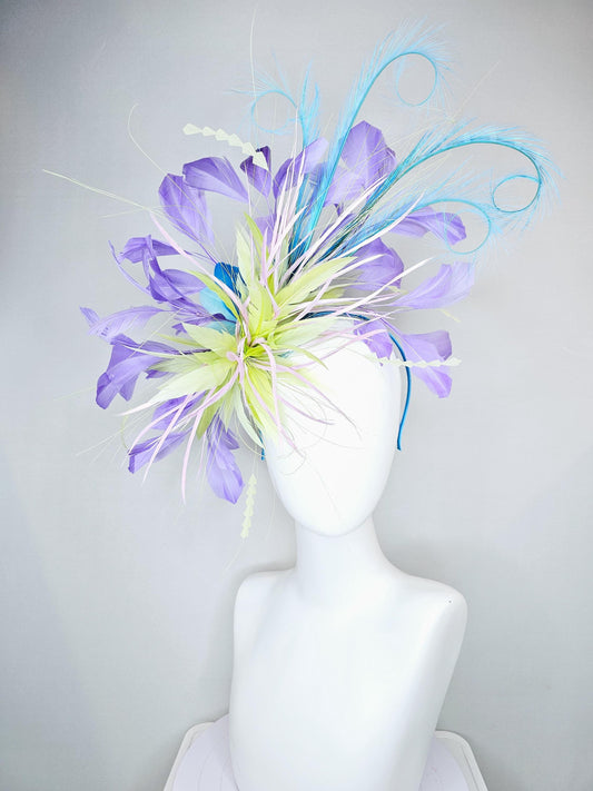 kentucky derby hat fascinator lime green lavender feather flower, light lime green zigzag feathers, turquoise blue purple lavender feathers