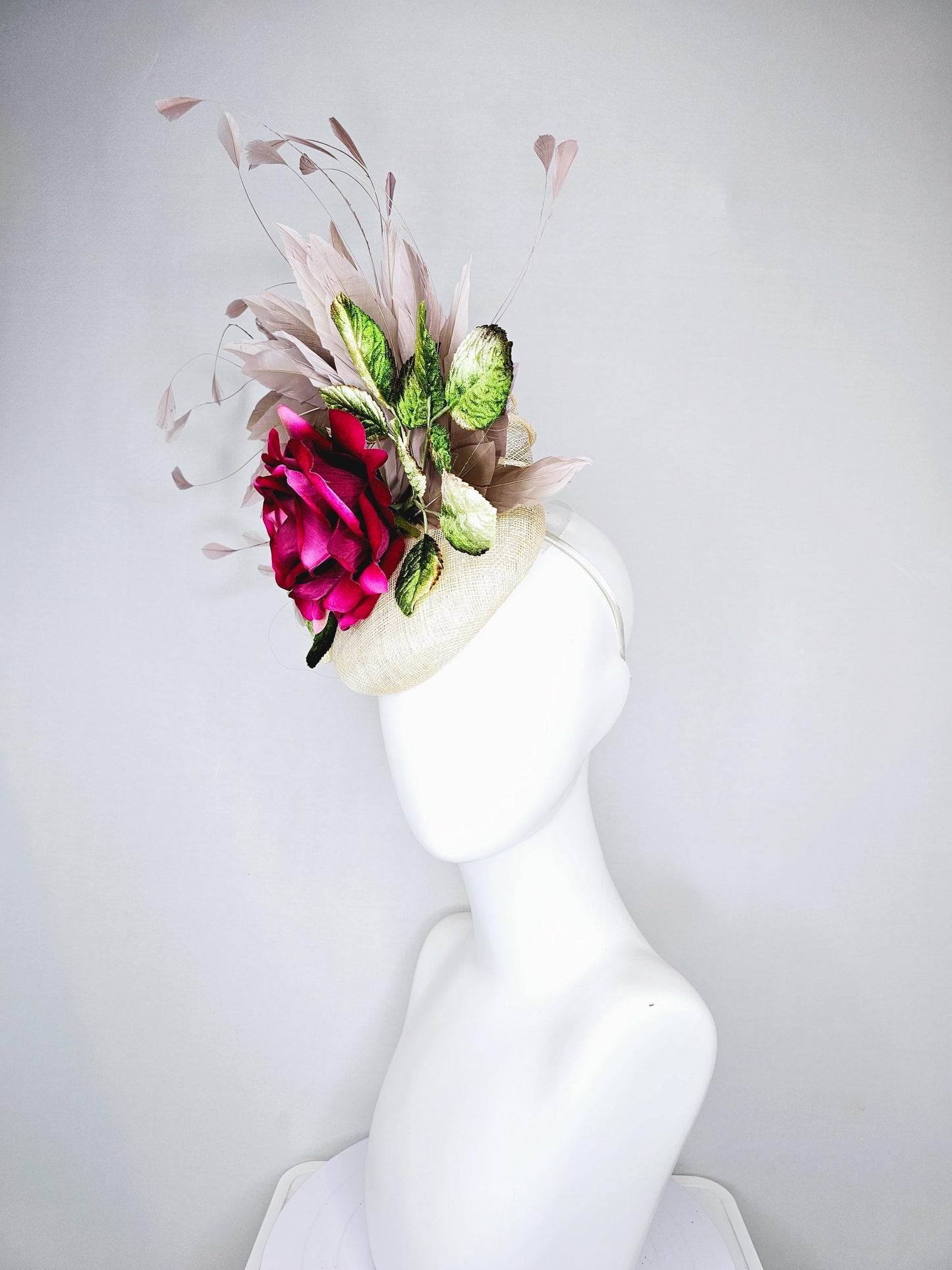 kentucky derby hat fascinator white ivory cream sinamay,hot pink fuchsia satin silk rose flower,ombre green leaves,taupe branching feathers