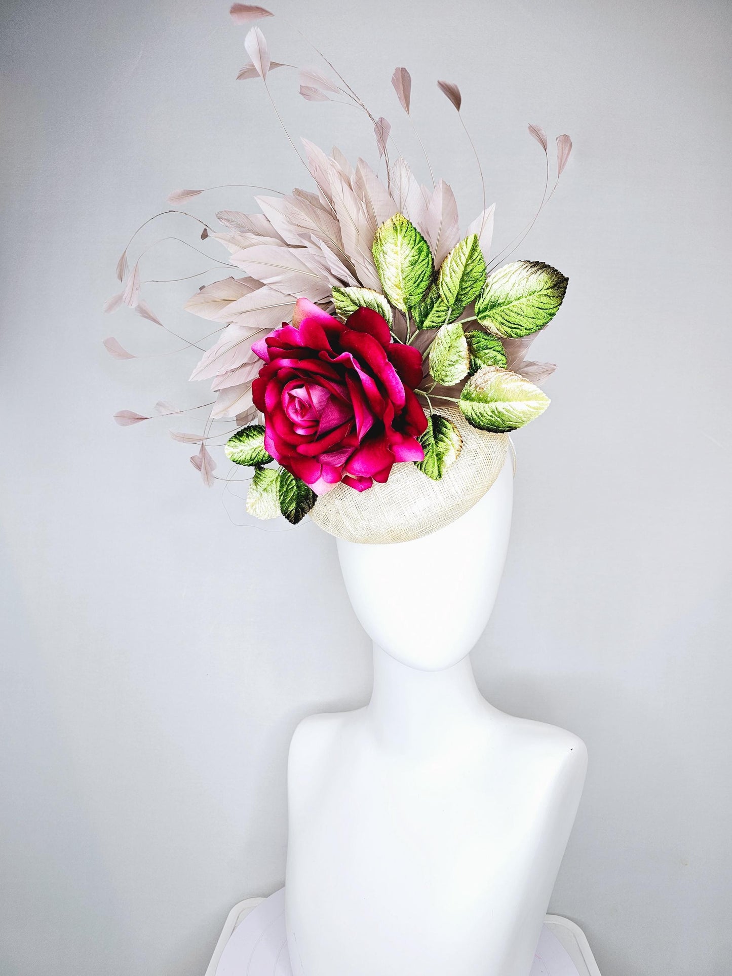 kentucky derby hat fascinator white ivory cream sinamay,hot pink fuchsia satin silk rose flower,ombre green leaves,taupe branching feathers