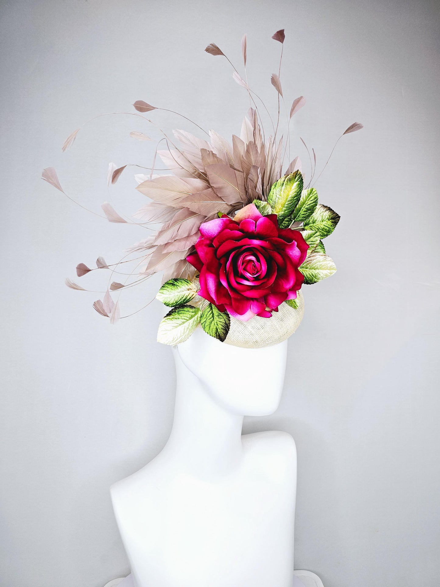 kentucky derby hat fascinator white ivory cream sinamay,hot pink fuchsia satin silk rose flower,ombre green leaves,taupe branching feathers