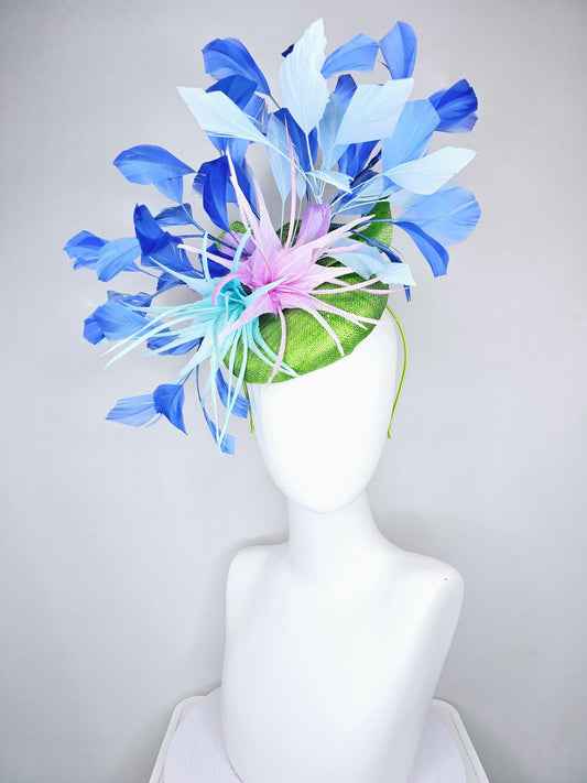 kentucky derby hat fascinator bright green sinamay with curls,lavender purple feather flower and light blue,royal and cobalt blue feathers