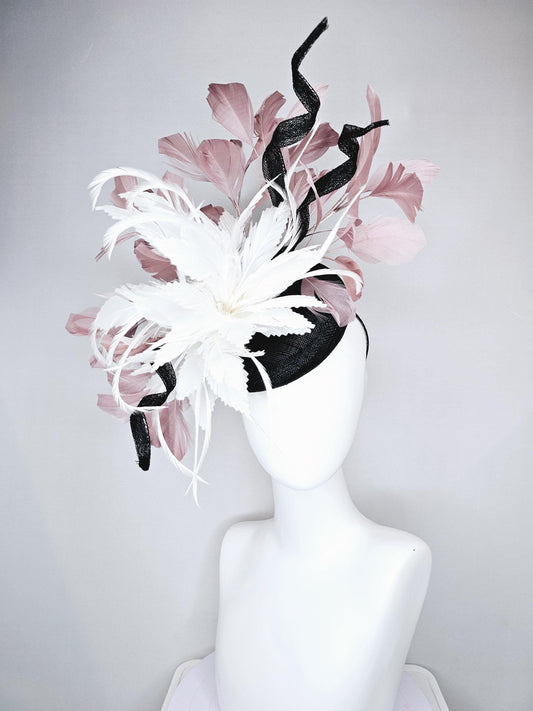 kentucky derby hat fascinator black sinamay with curls and beige neutral blush pink branching feathers with large white feather flower