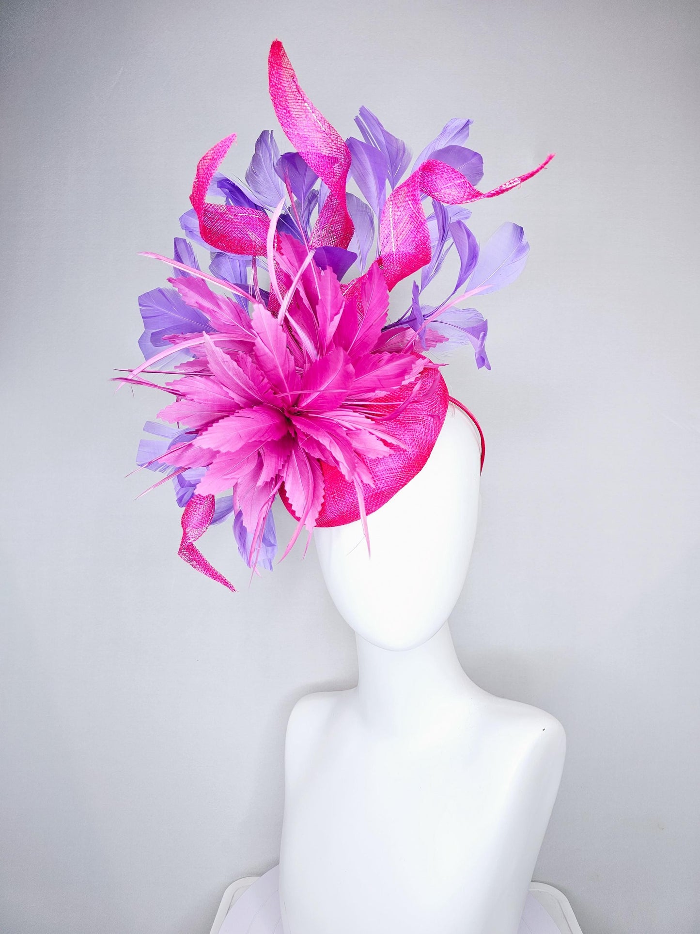 kentucky derby hat fascinator bright hot pink fuchsia feather flower with purple lavender branching feathers on a hot pink sinamay w/ curls