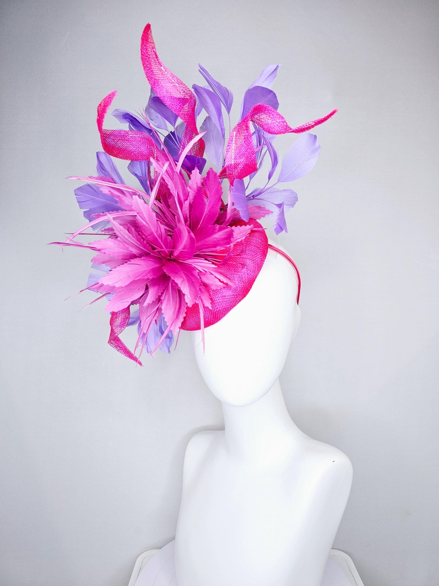 kentucky derby hat fascinator bright hot pink fuchsia feather flower with purple lavender branching feathers on a hot pink sinamay w/ curls