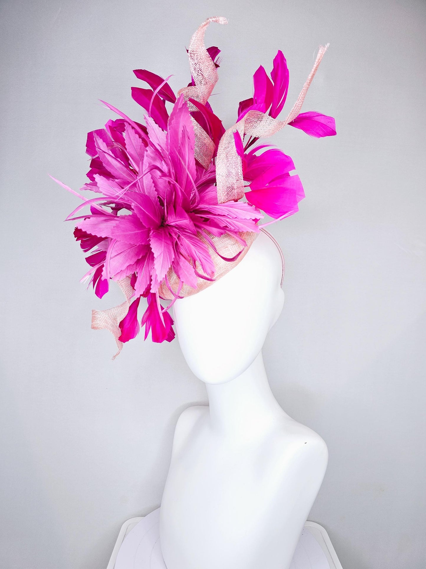 kentucky derby hat fascinator blush light pink sinamay with large curls, hot bright pink,fuchsia branching feathers and pink feather flower