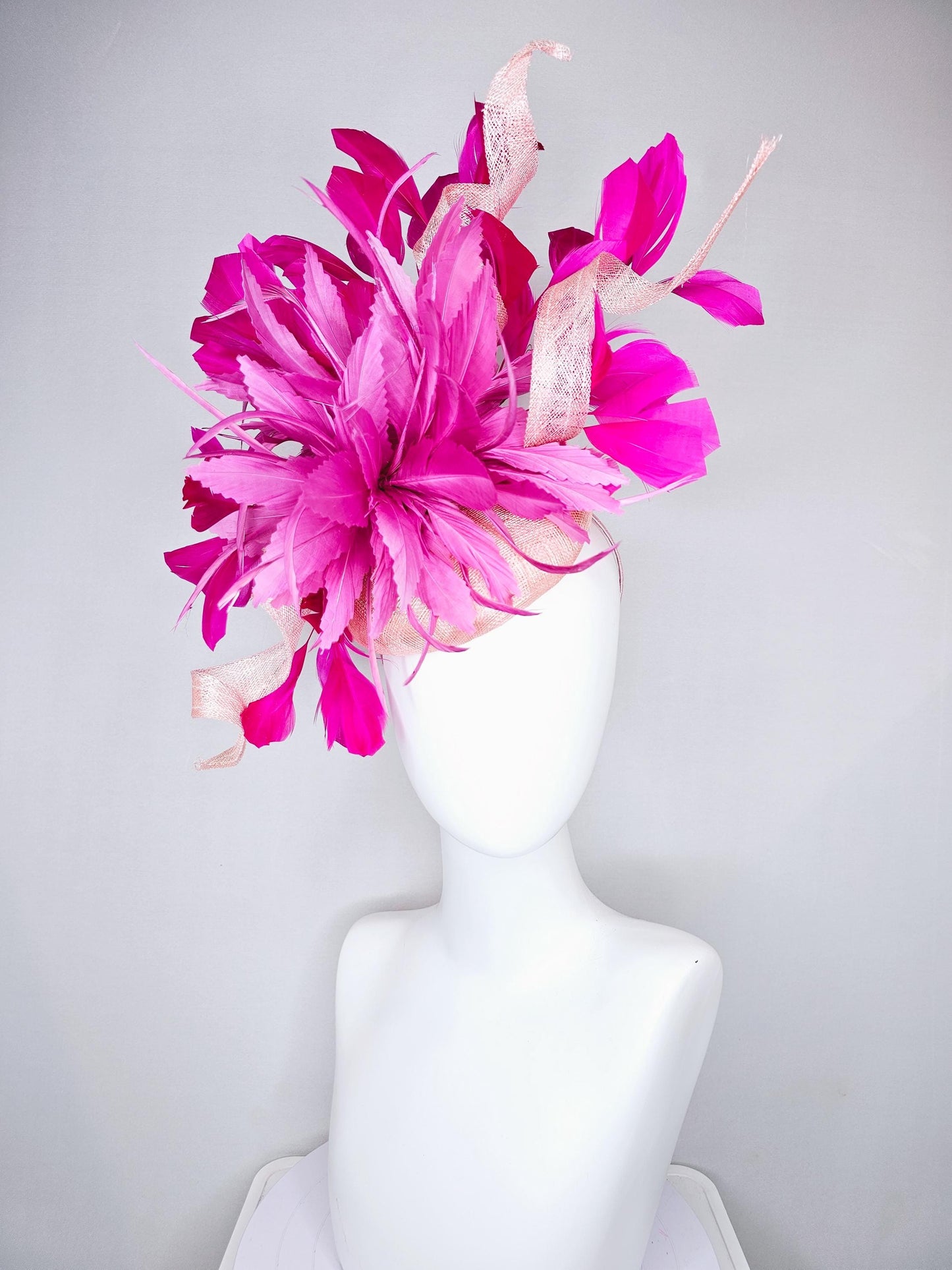 kentucky derby hat fascinator blush light pink sinamay with large curls, hot bright pink,fuchsia branching feathers and pink feather flower