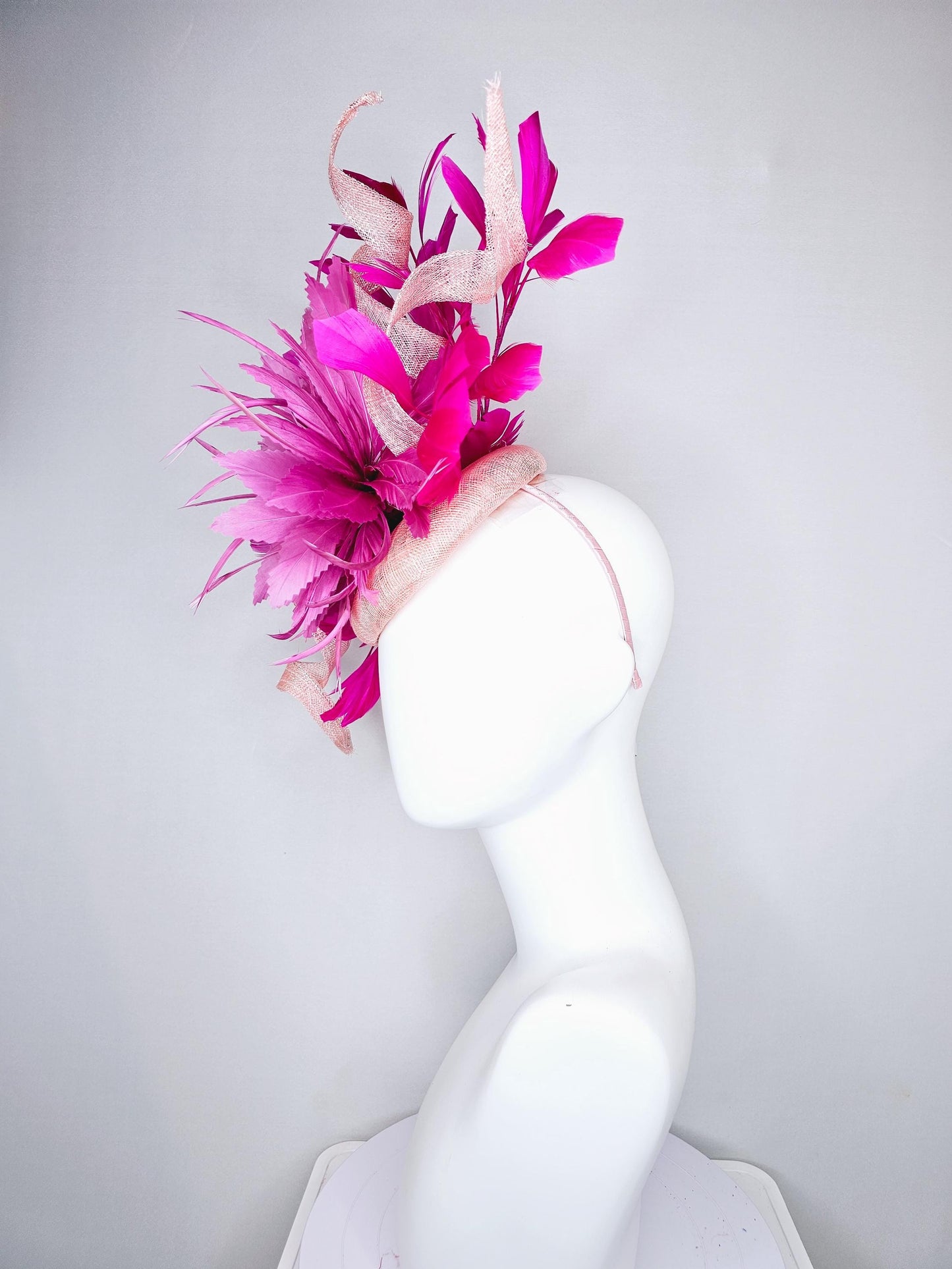 kentucky derby hat fascinator blush light pink sinamay with large curls, hot bright pink,fuchsia branching feathers and pink feather flower