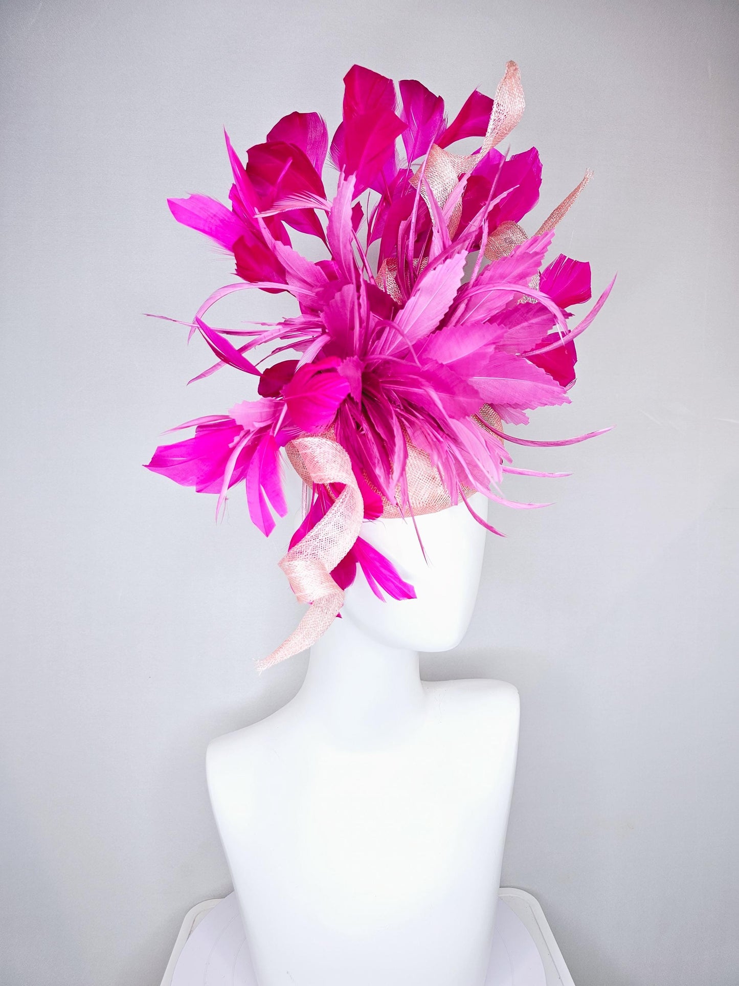 kentucky derby hat fascinator blush light pink sinamay with large curls, hot bright pink,fuchsia branching feathers and pink feather flower