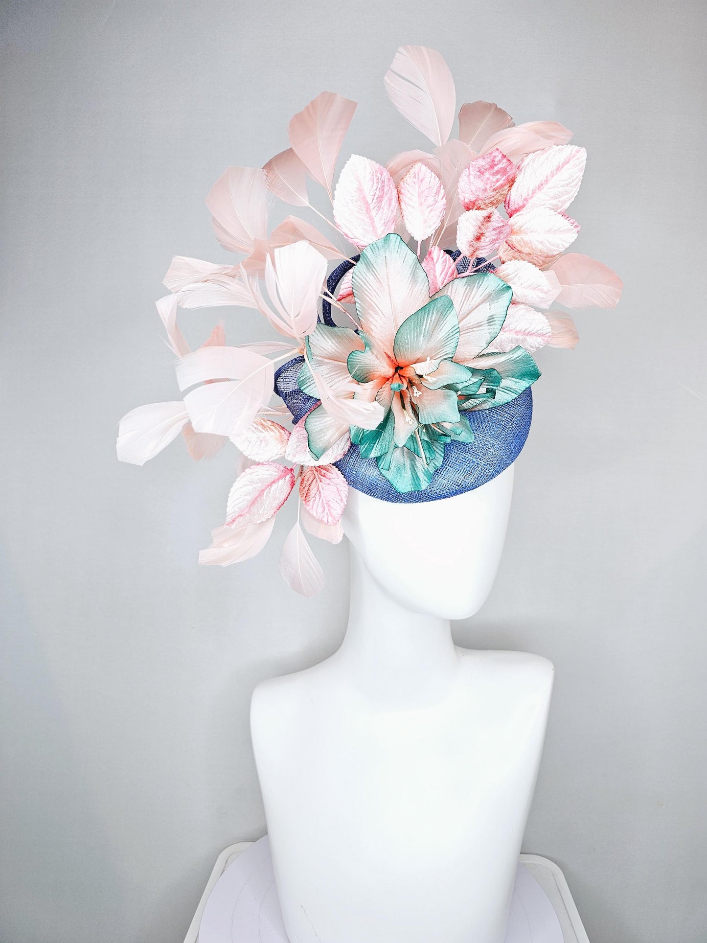 kentucky derby hat fascinator blue sinamay and ombre teal blue green satin silk flower, light pink branching feathers,pink velvet leaves