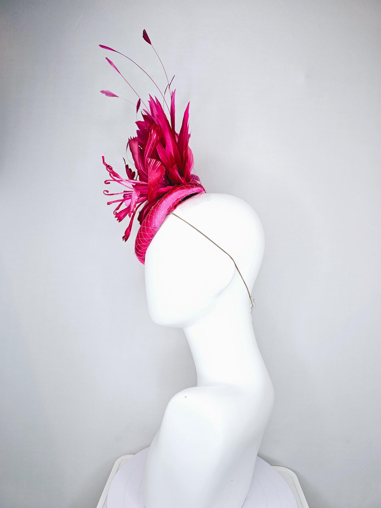 kentucky derby hat fascinator fuchsia hot pink satin with netting, ombre hot pink satin silk flower and hot pink branching feathers