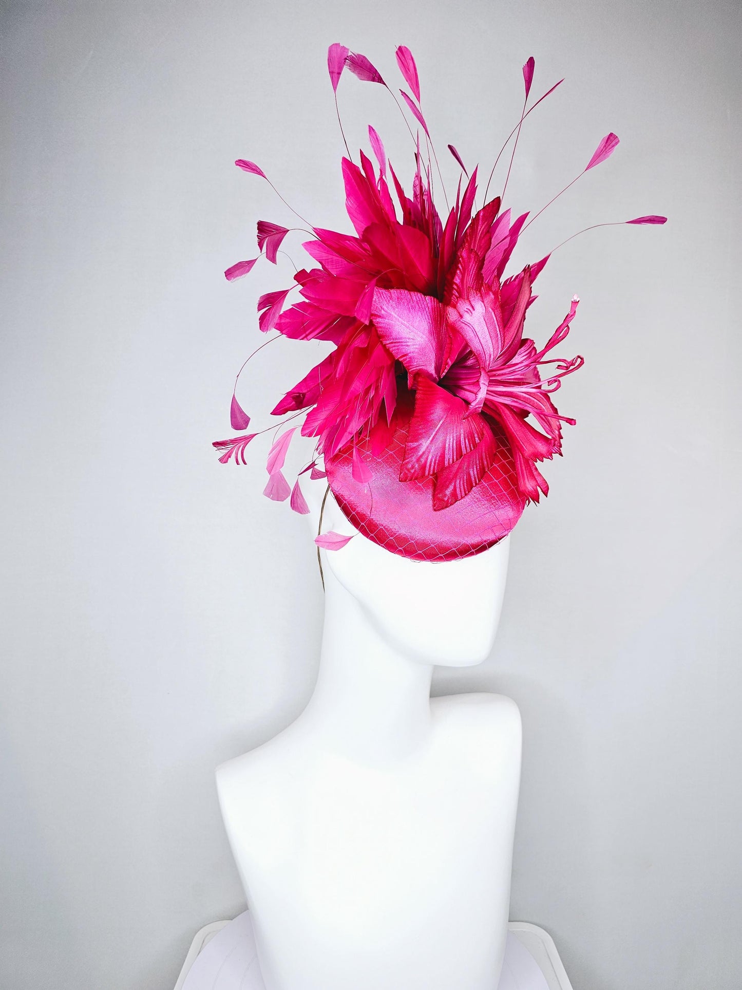 kentucky derby hat fascinator fuchsia hot pink satin with netting, ombre hot pink satin silk flower and hot pink branching feathers