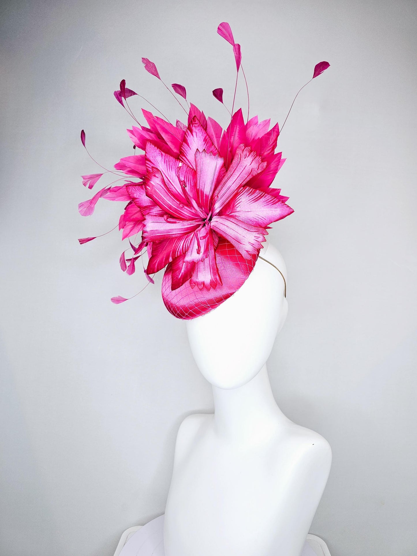 kentucky derby hat fascinator fuchsia hot pink satin with netting, ombre hot pink satin silk flower and hot pink branching feathers