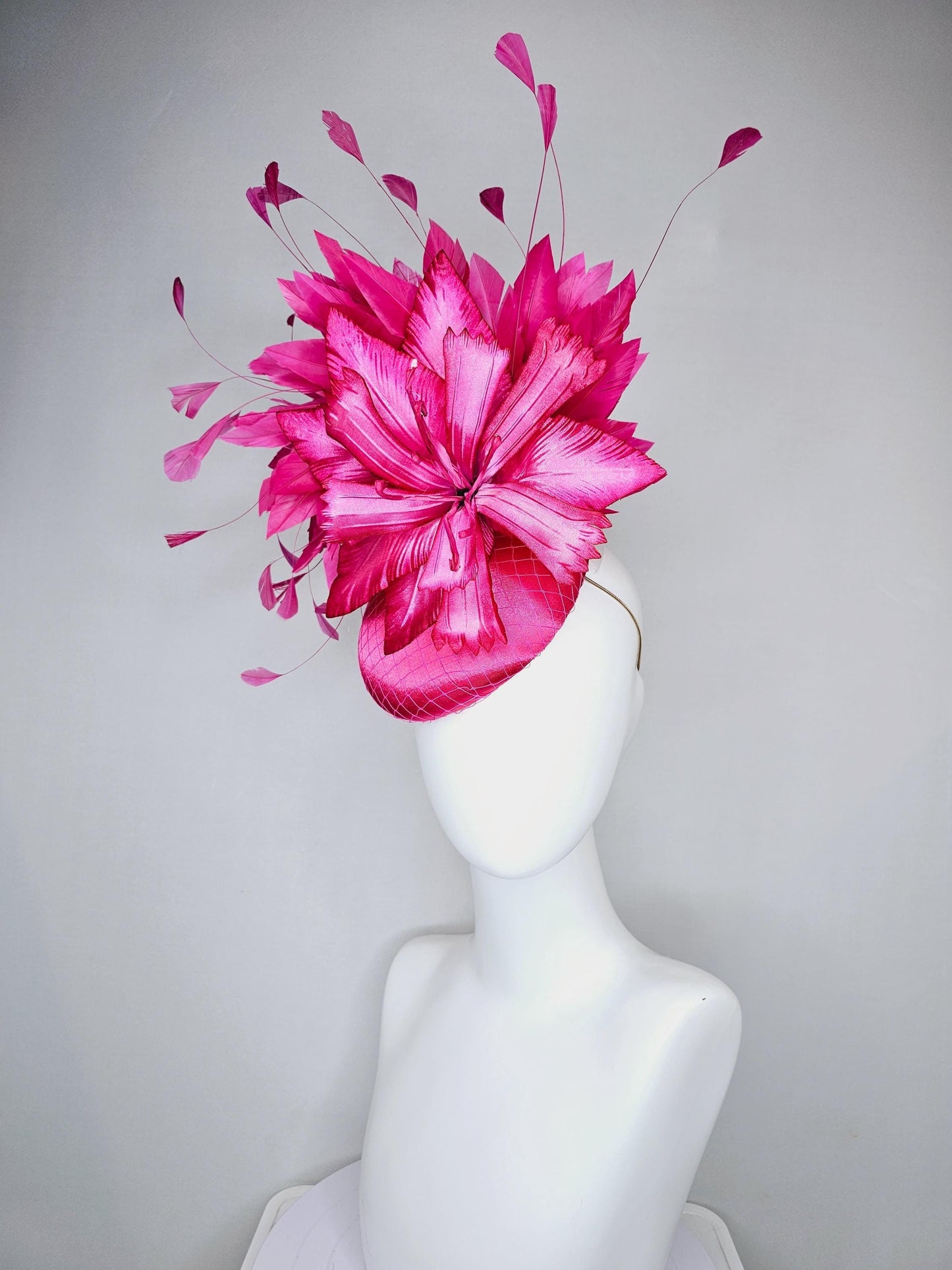 kentucky derby hat fascinator fuchsia hot pink satin with netting, ombre hot pink satin silk flower and hot pink branching feathers