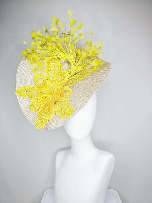 kentucky derby hat fascinator tan,beige,neutral straw saucer with bright yellow sequined floral embroidered and yellow branching feathers