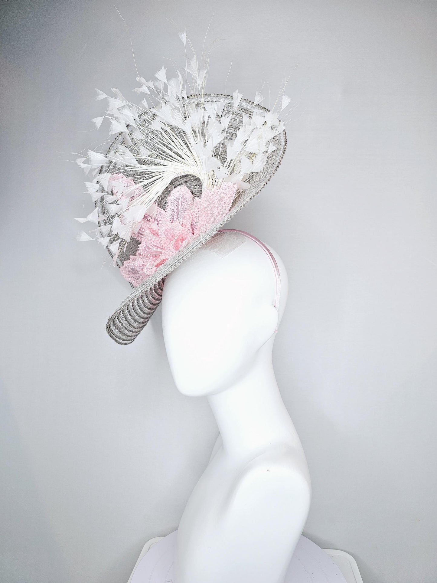 kentucky derby hat large silver,gray straw saucer with light pink sequined embroidered floral and ivory white branching feathers