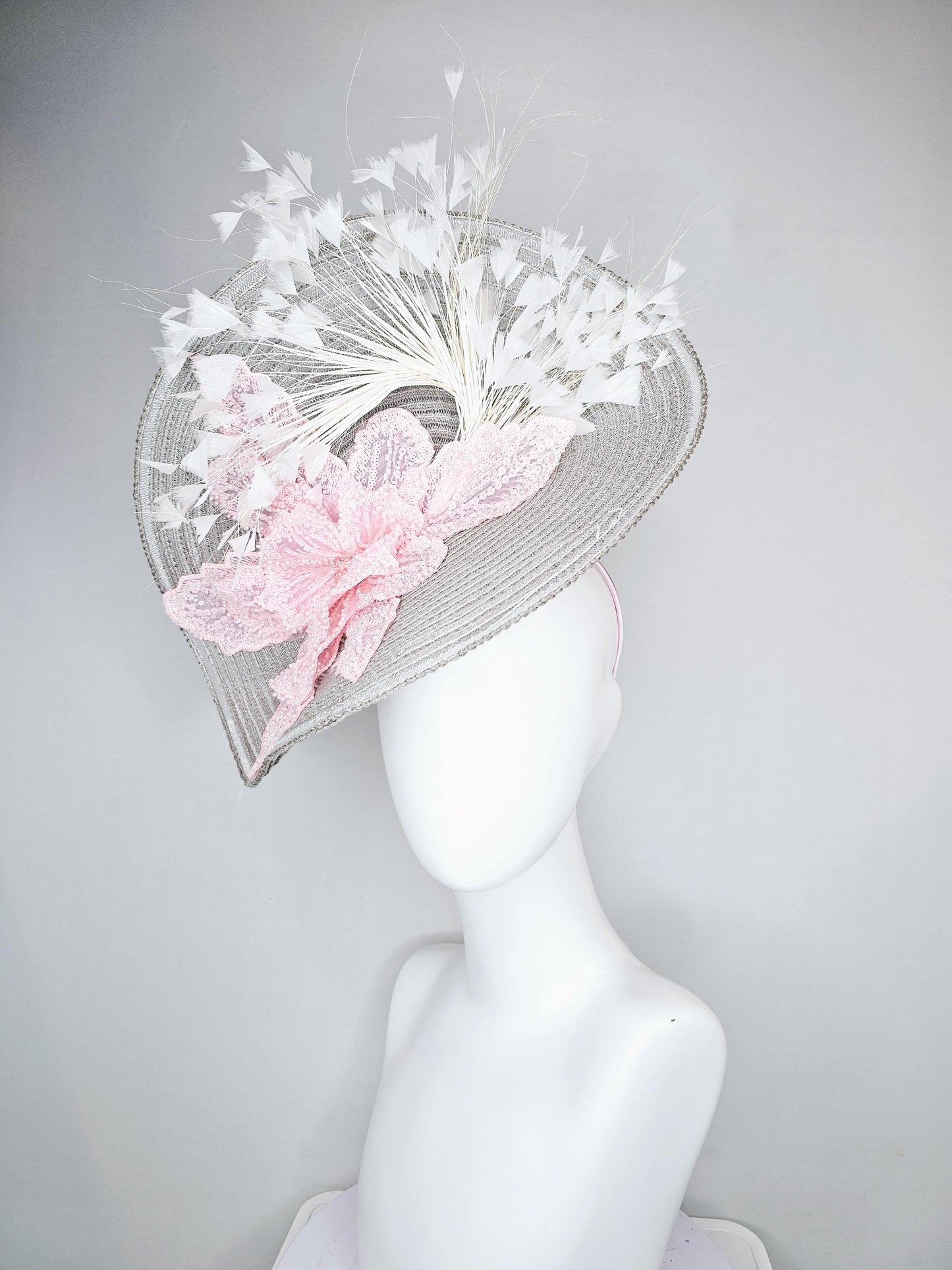 kentucky derby hat large silver,gray straw saucer with light pink sequined embroidered floral and ivory white branching feathers