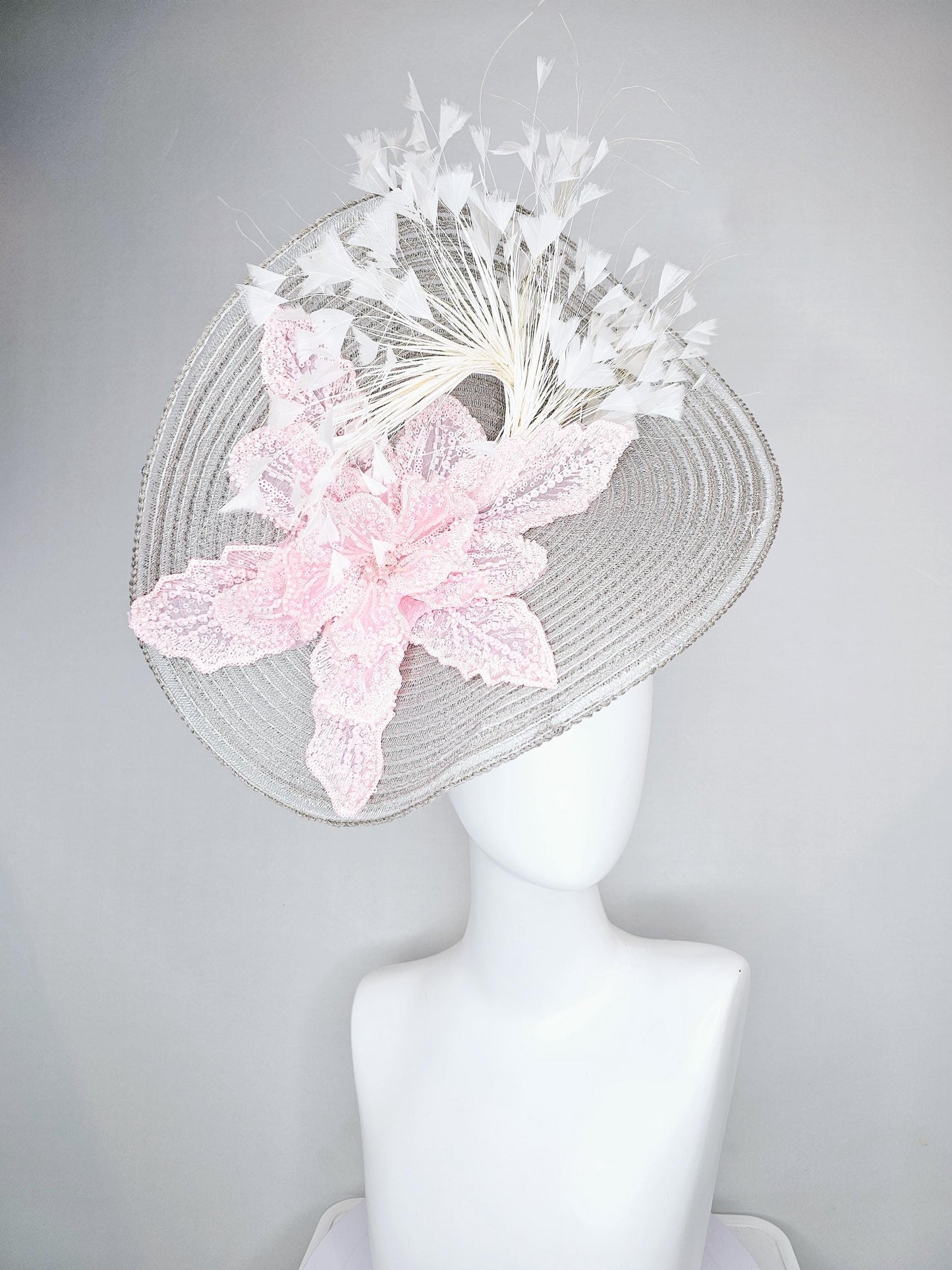 kentucky derby hat large silver,gray straw saucer with light pink sequined embroidered floral and ivory white branching feathers