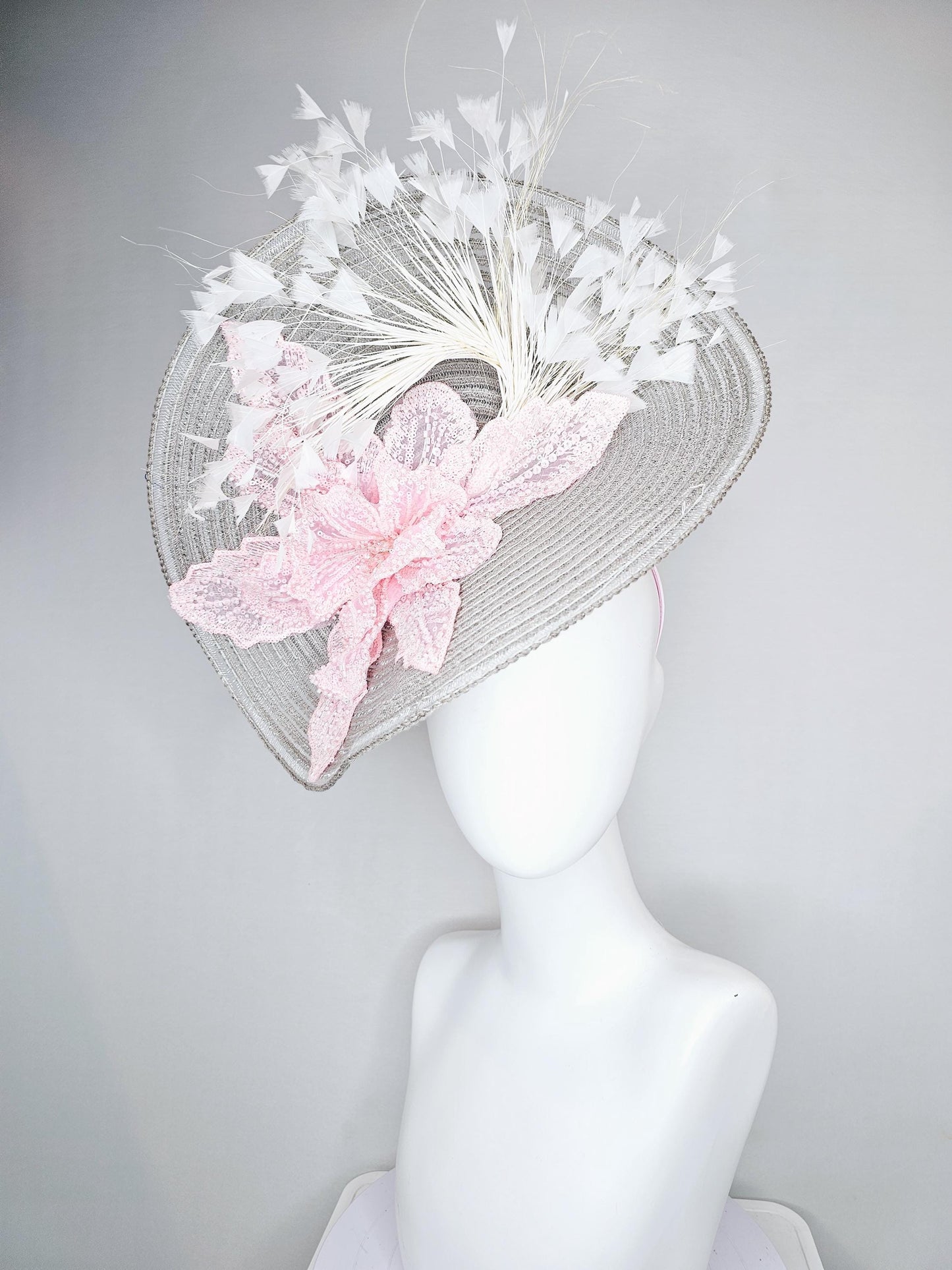 kentucky derby hat large silver,gray straw saucer with light pink sequined embroidered floral and ivory white branching feathers