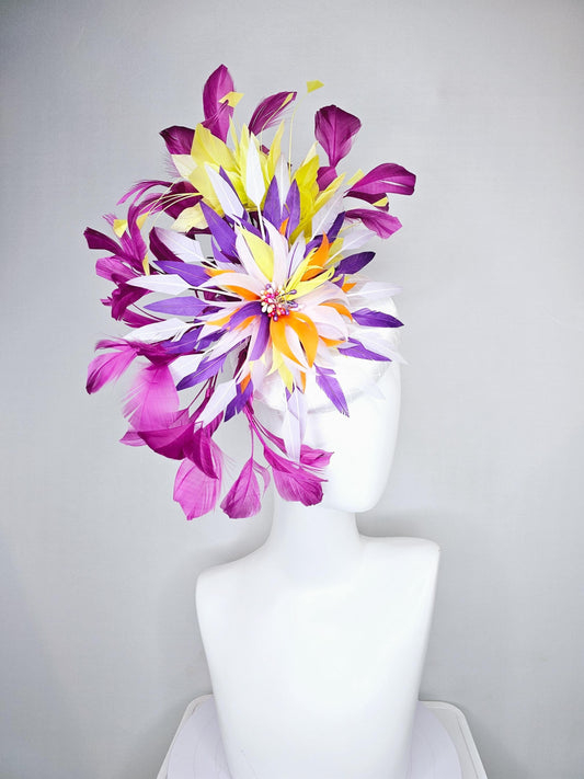 kentucky derby hat fascinator white satin with netting, orange yellow white purple feather flower, yellow purple magenta branching feathers