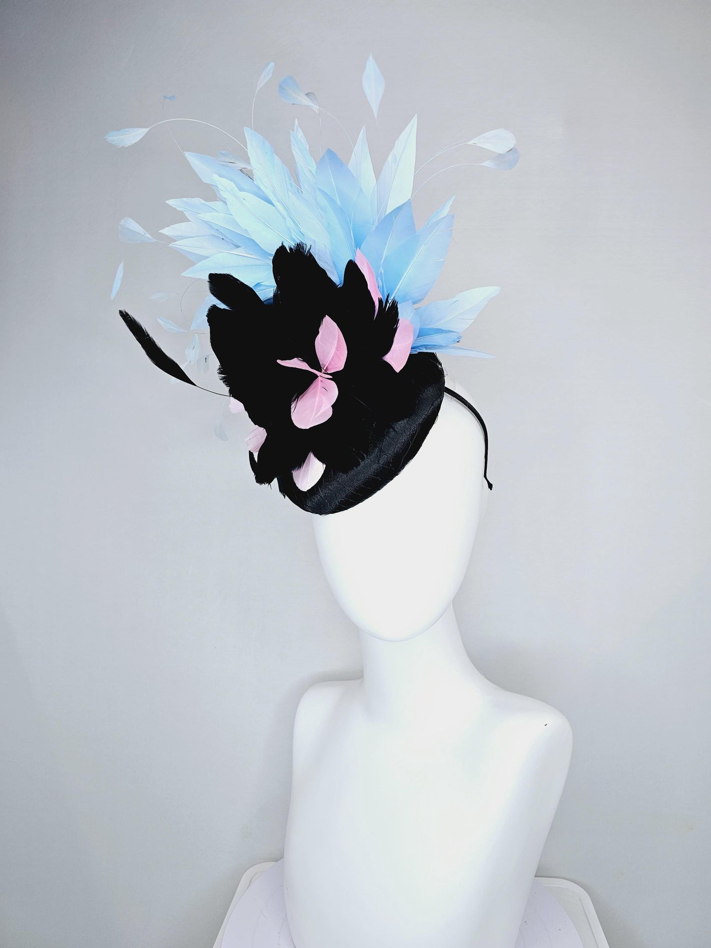 kentucky derby hat fascinator black satin with netting, with black, light pink and sky light blue branching feathers