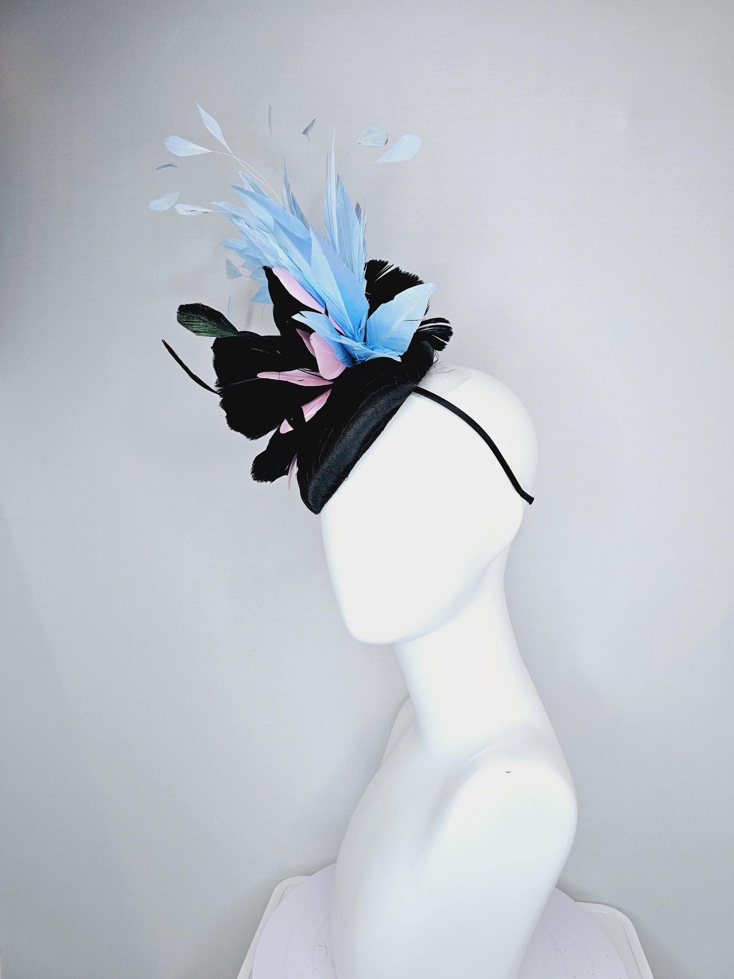 kentucky derby hat fascinator black satin with netting, with black, light pink and sky light blue branching feathers