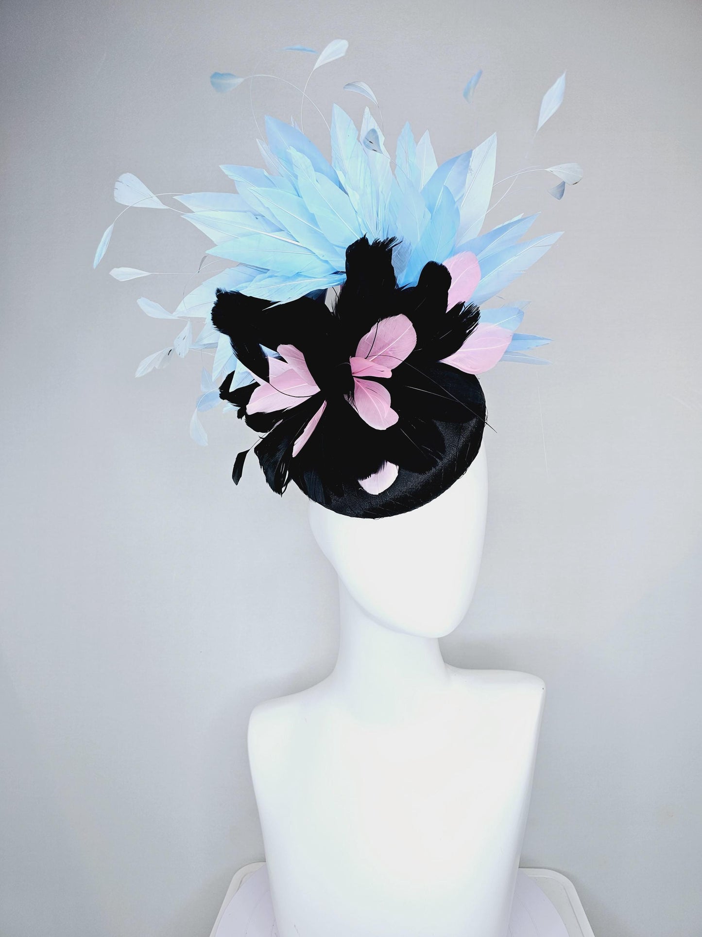 kentucky derby hat fascinator black satin with netting, with black, light pink and sky light blue branching feathers