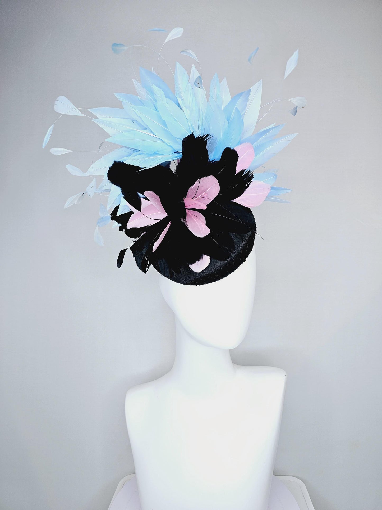 kentucky derby hat fascinator black satin with netting, with black, light pink and sky light blue branching feathers