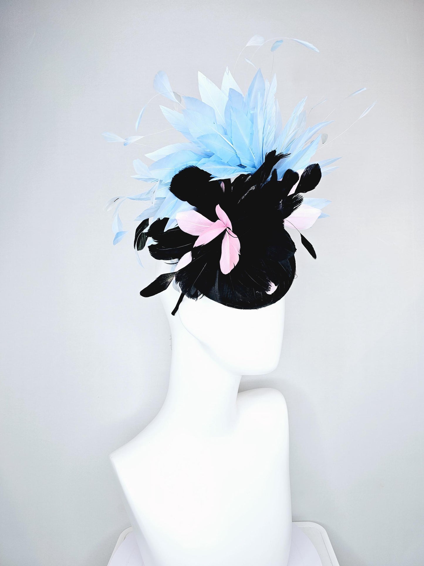 kentucky derby hat fascinator black satin with netting, with black, light pink and sky light blue branching feathers