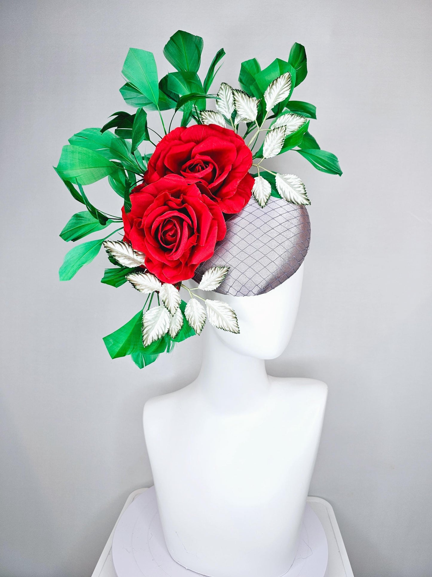 kentucky derby hat fascinator silver gray satin with netting,red silk roses flowers,ombre green leaves and bright green branching feathers