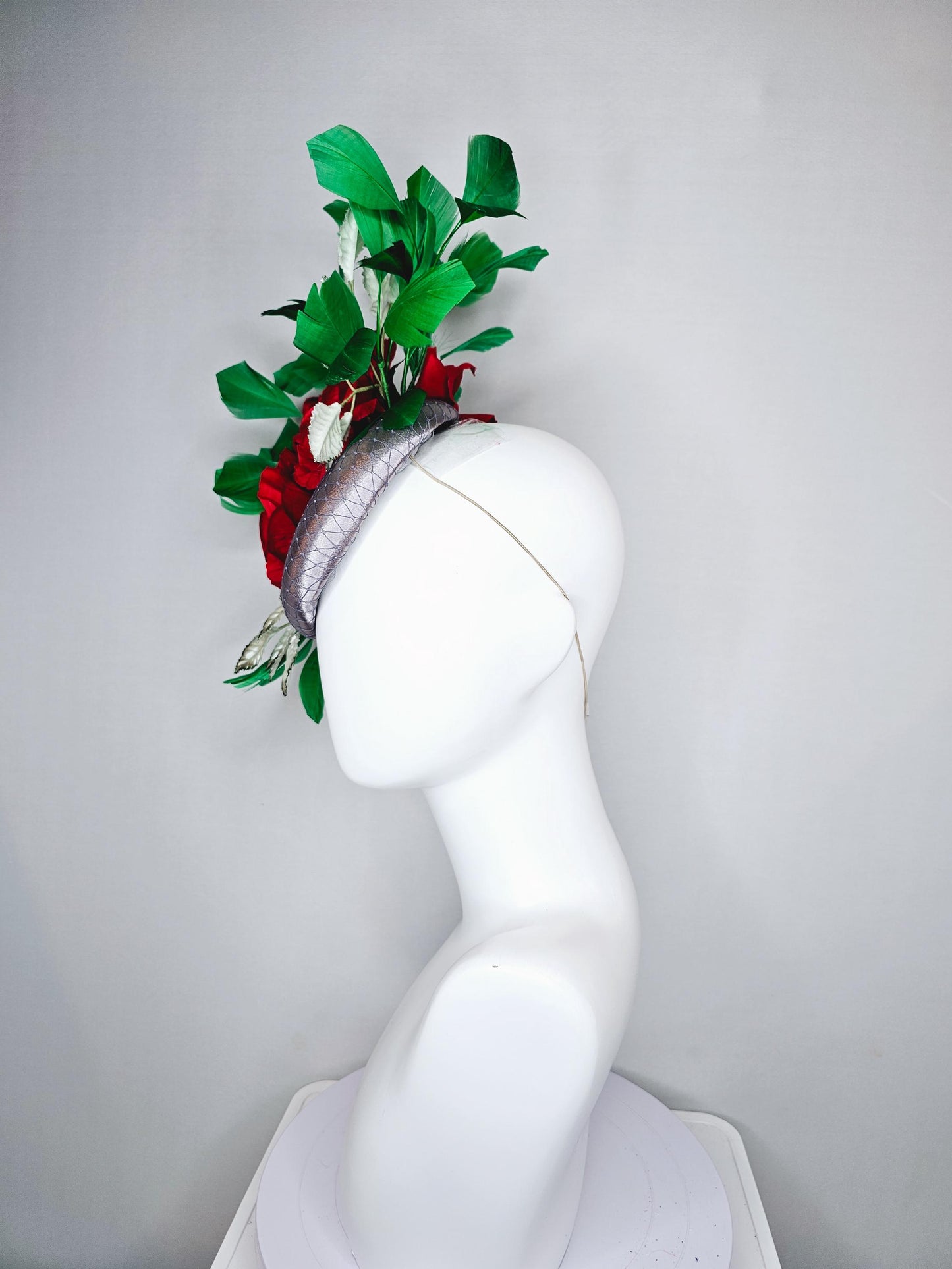 kentucky derby hat fascinator silver gray satin with netting,red silk roses flowers,ombre green leaves and bright green branching feathers