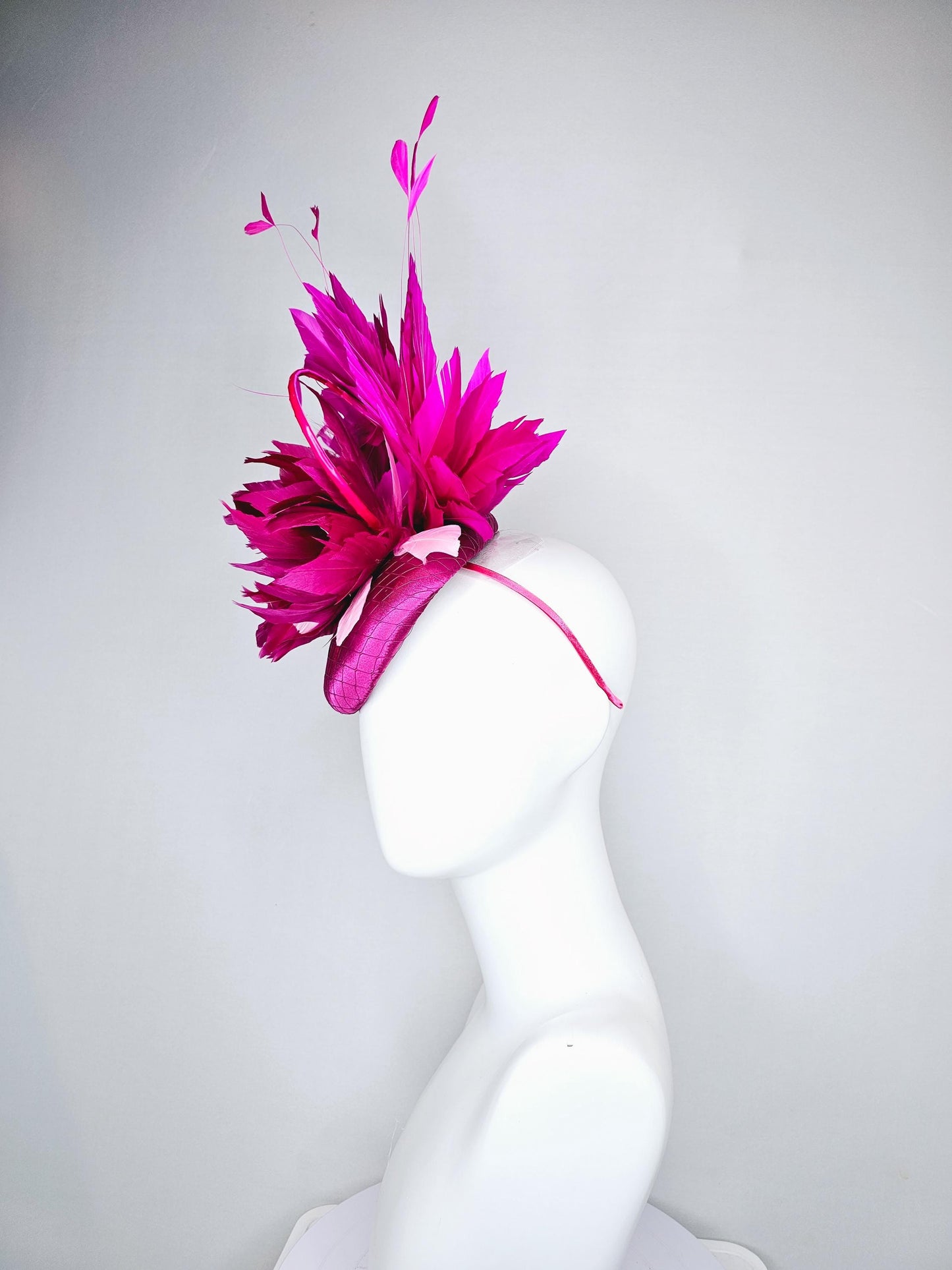 kentucky derby hat fascinator fuchsia hot pink satin with netting, dark and light pink feather flower with fuchsia pink branching feathers