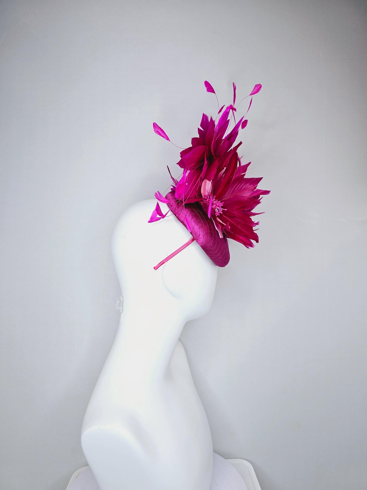 kentucky derby hat fascinator fuchsia hot pink satin with netting, dark and light pink feather flower with fuchsia pink branching feathers