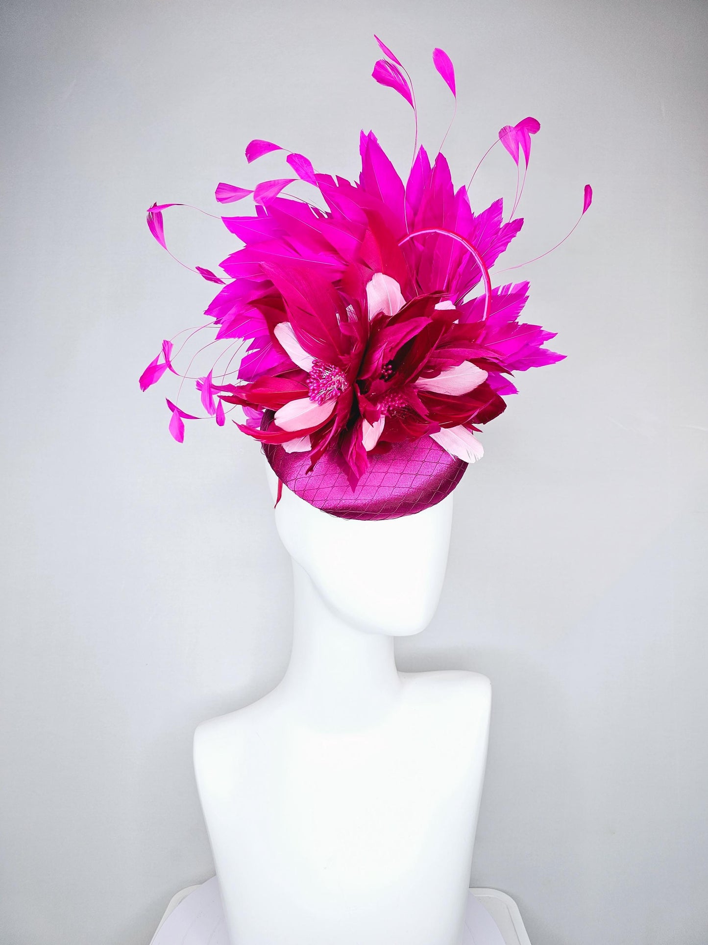 kentucky derby hat fascinator fuchsia hot pink satin with netting, dark and light pink feather flower with fuchsia pink branching feathers