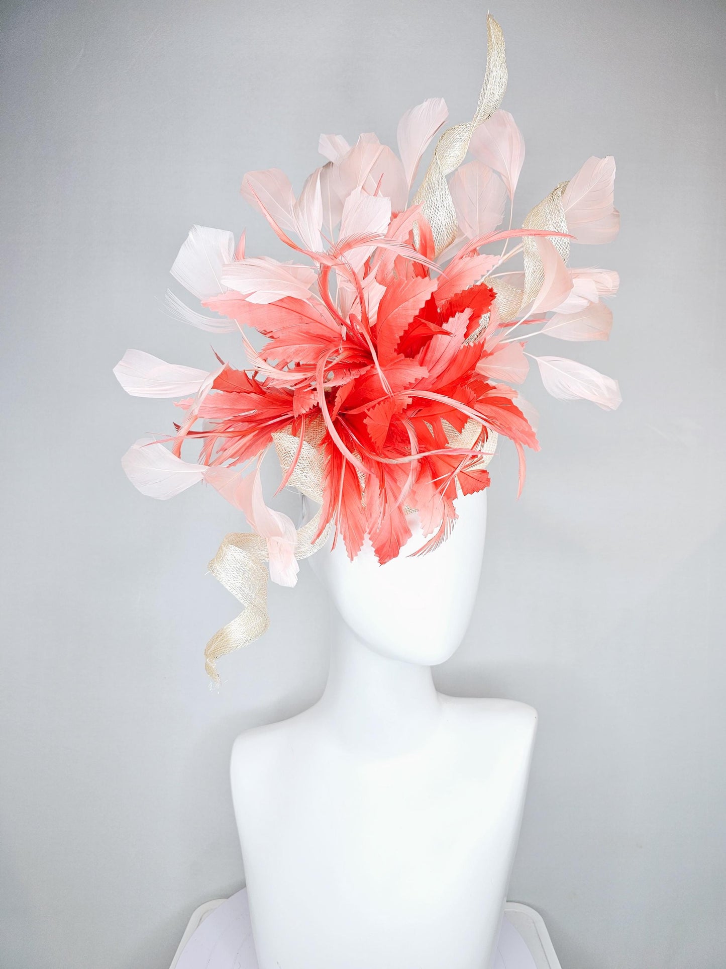 kentucky derby hat fascinator ivory white sinamay with curls,and coral feather flower with light pink branching feathers