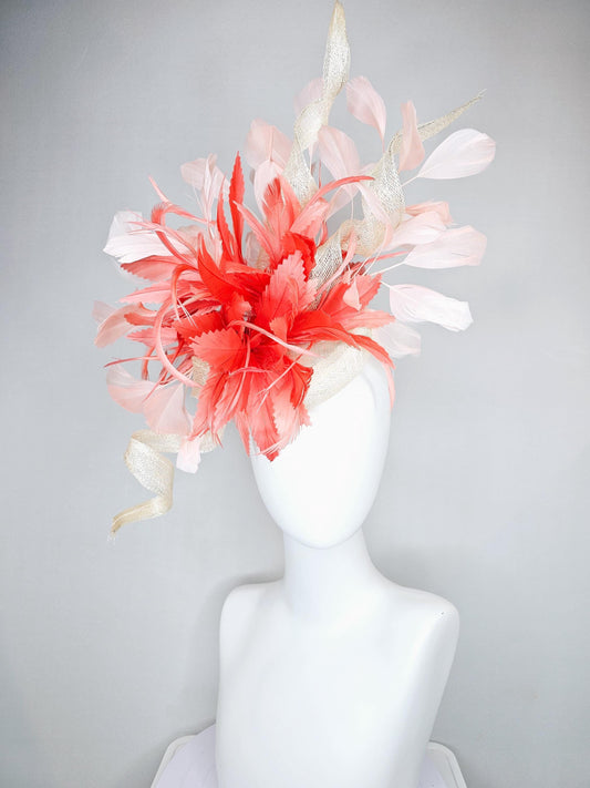 kentucky derby hat fascinator ivory white sinamay with curls,and coral feather flower with light pink branching feathers