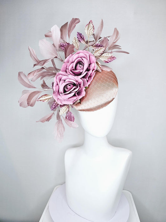 kentucky derby hat fascinator champagne satin with netting,lilac pink purple satin rose flowers,ombre neutral pink leaves and taupe feathers