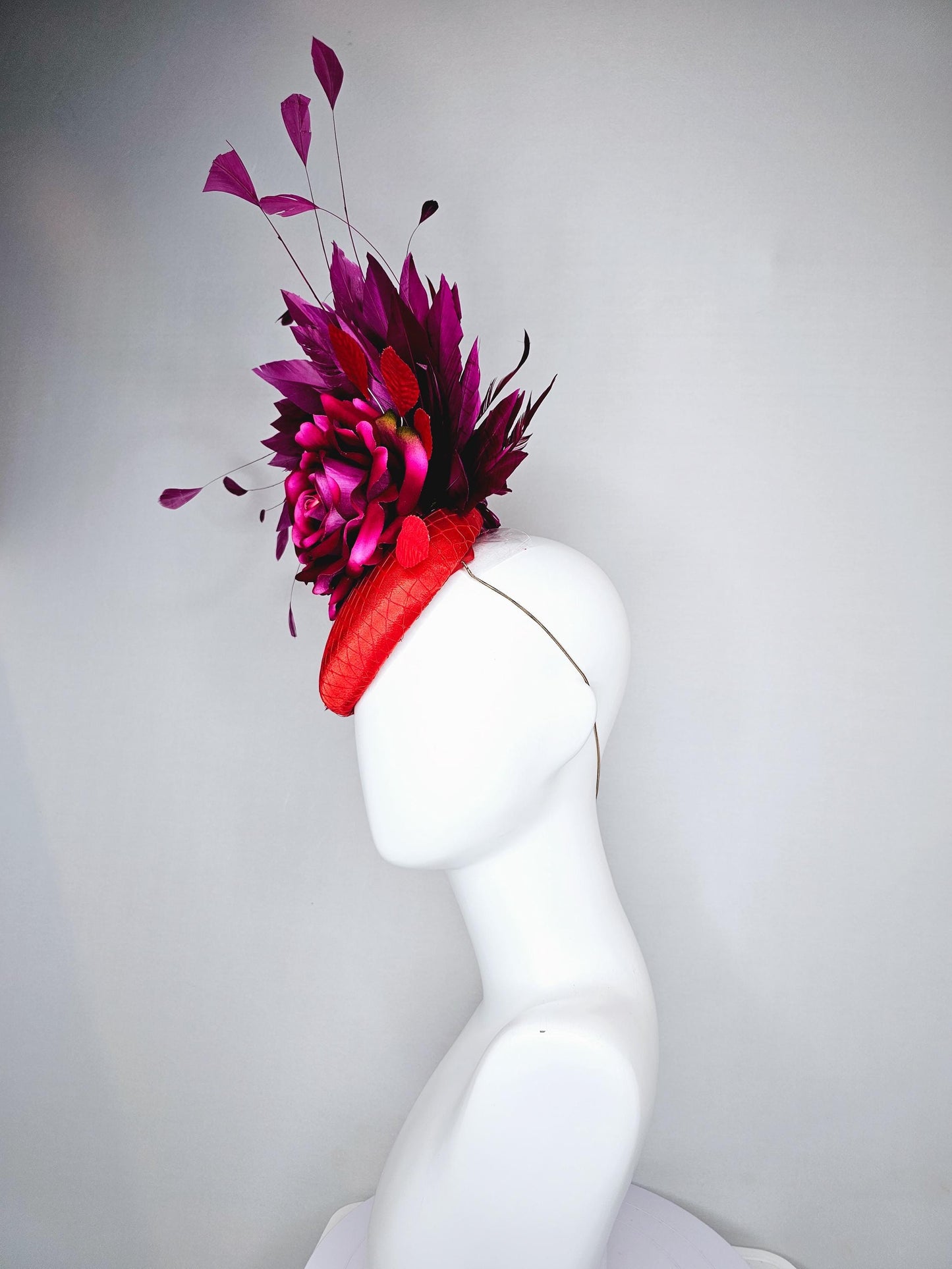 kentucky derby hat fascinator bright red satin with netting,ombre fuchsia pink silk flower with deep purple branching feathers