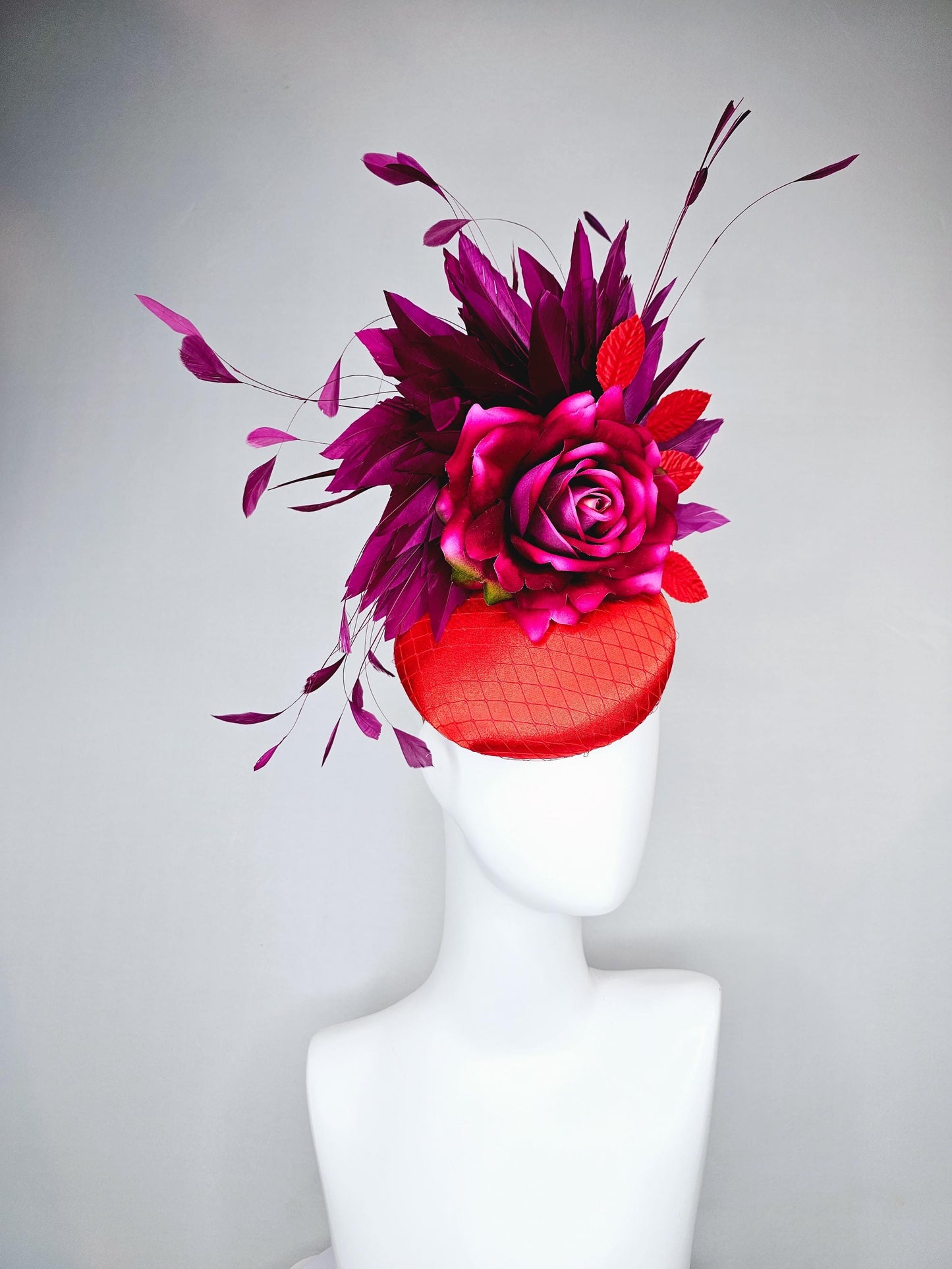 kentucky derby hat fascinator bright red satin with netting,ombre fuchsia pink silk flower with deep purple branching feathers