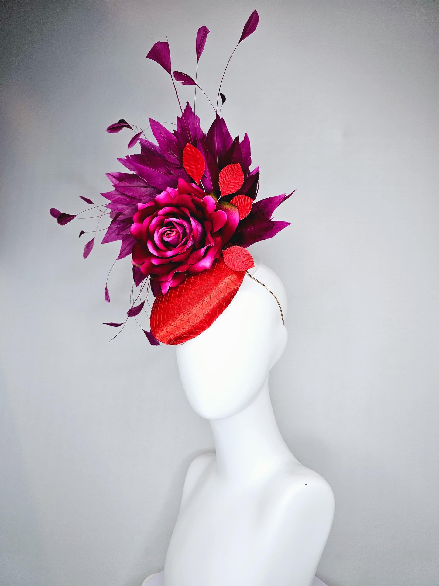 kentucky derby hat fascinator bright red satin with netting,ombre fuchsia pink silk flower with deep purple branching feathers