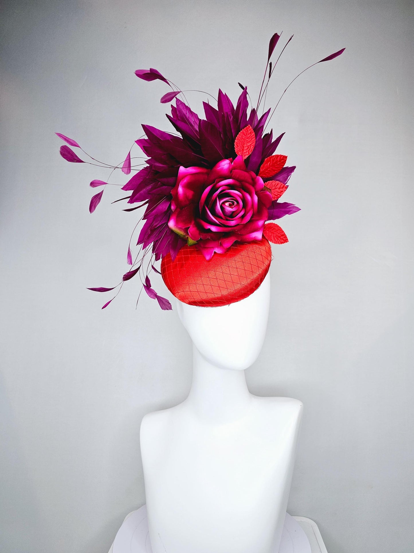 kentucky derby hat fascinator bright red satin with netting,ombre fuchsia pink silk flower with deep purple branching feathers