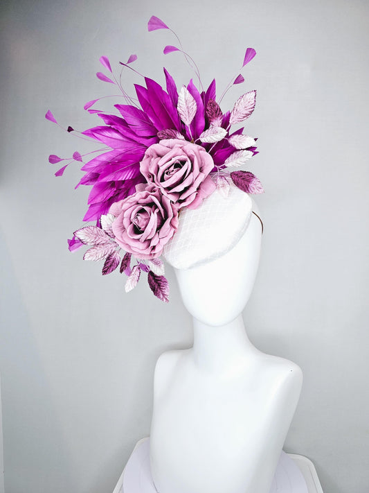 kentucky derby hat fascinator white satin with netting,lilac pink silk flowers and magenta purple branching feathers