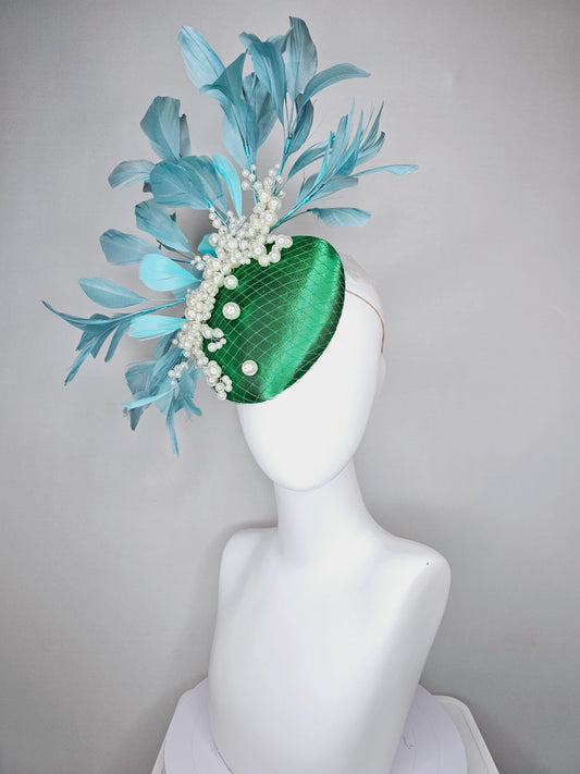 kentucky derby hat fascinator emerald green satin with netting and pearl beaded stems, teal blue branching feathers