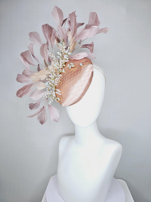 kentucky derby hat fascinator light pink champagne satin w/ netting and white crystal beaded jewels stems,mauve taupe neutral beige feathers