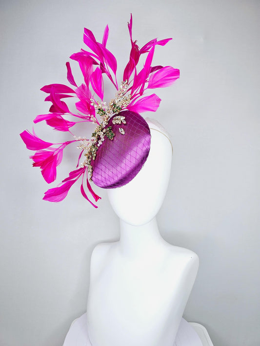 kentucky derby hat fascinator purple satin with netting,green and clear crystal beaded jewels stems,bright pink fuchsia branching feathers