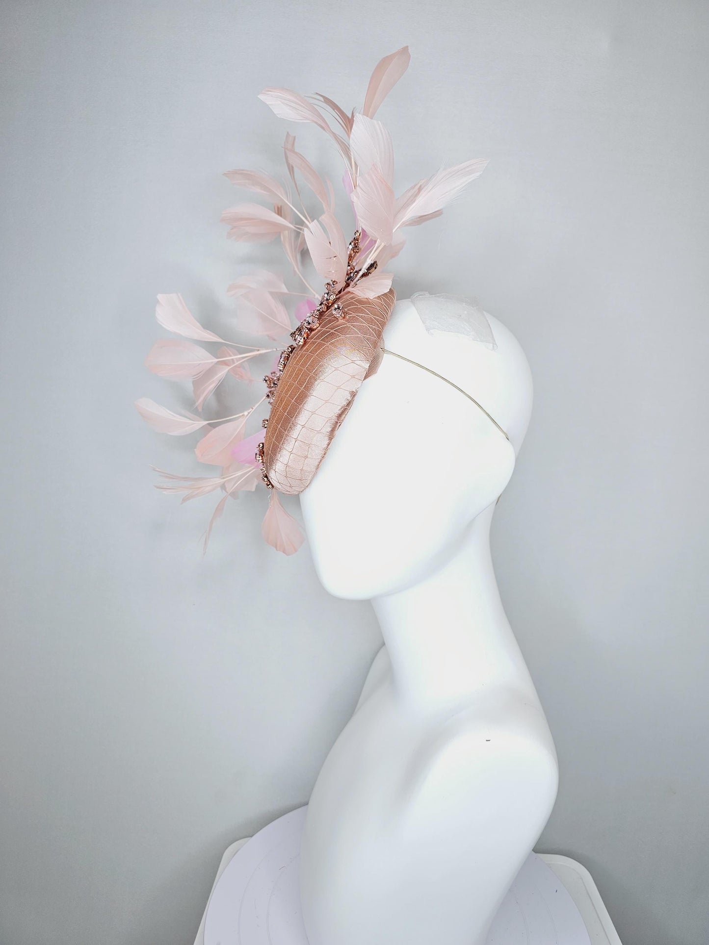 kentucky derby hat fascinator light pink champagne satin with netting, light pink crystal rhinestones jewels stems,light pink blush feathers