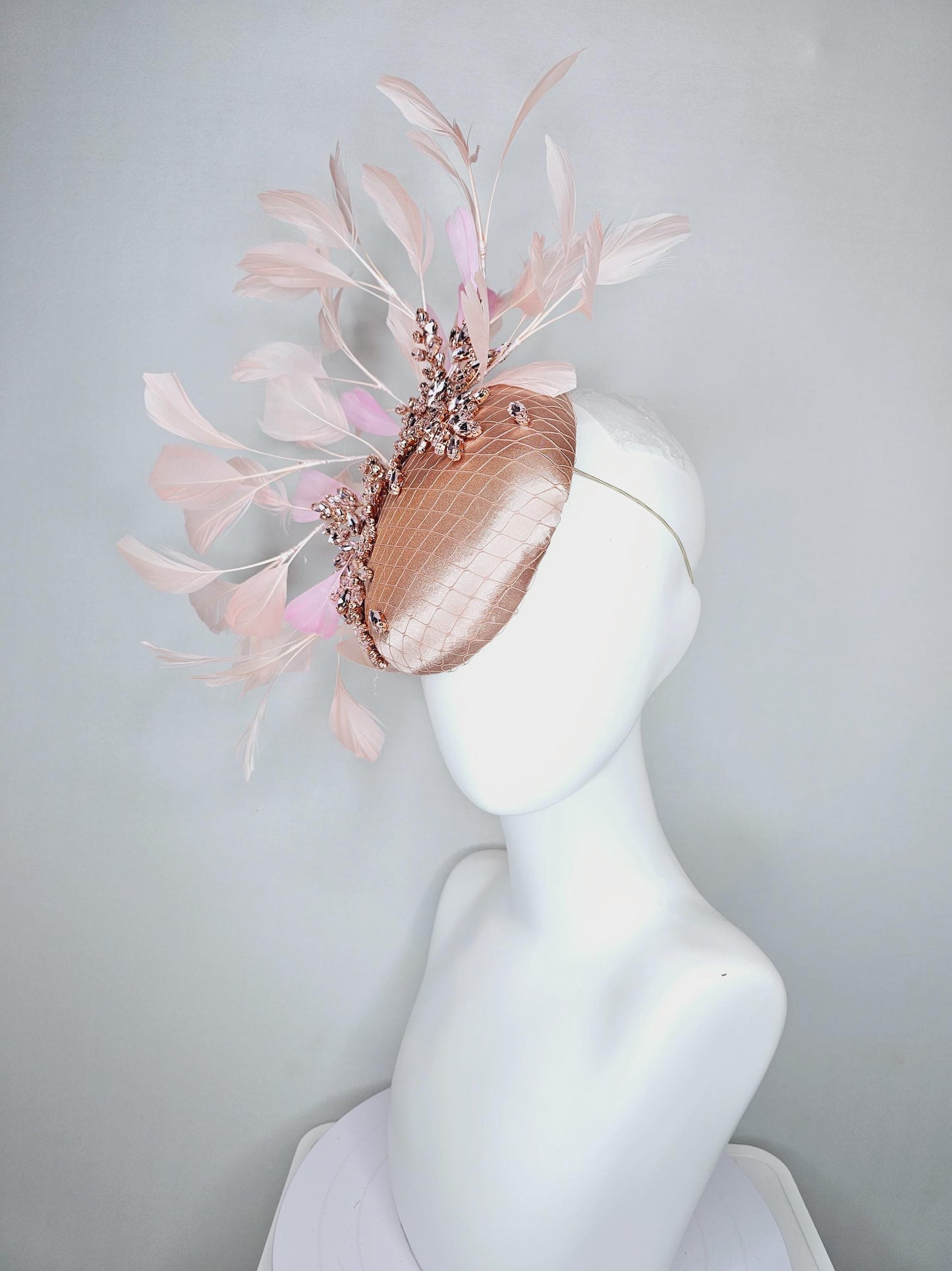 kentucky derby hat fascinator light pink champagne satin with netting, light pink crystal rhinestones jewels stems,light pink blush feathers