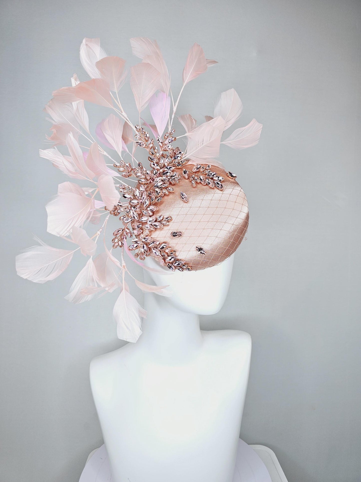 kentucky derby hat fascinator light pink champagne satin with netting, light pink crystal rhinestones jewels stems,light pink blush feathers