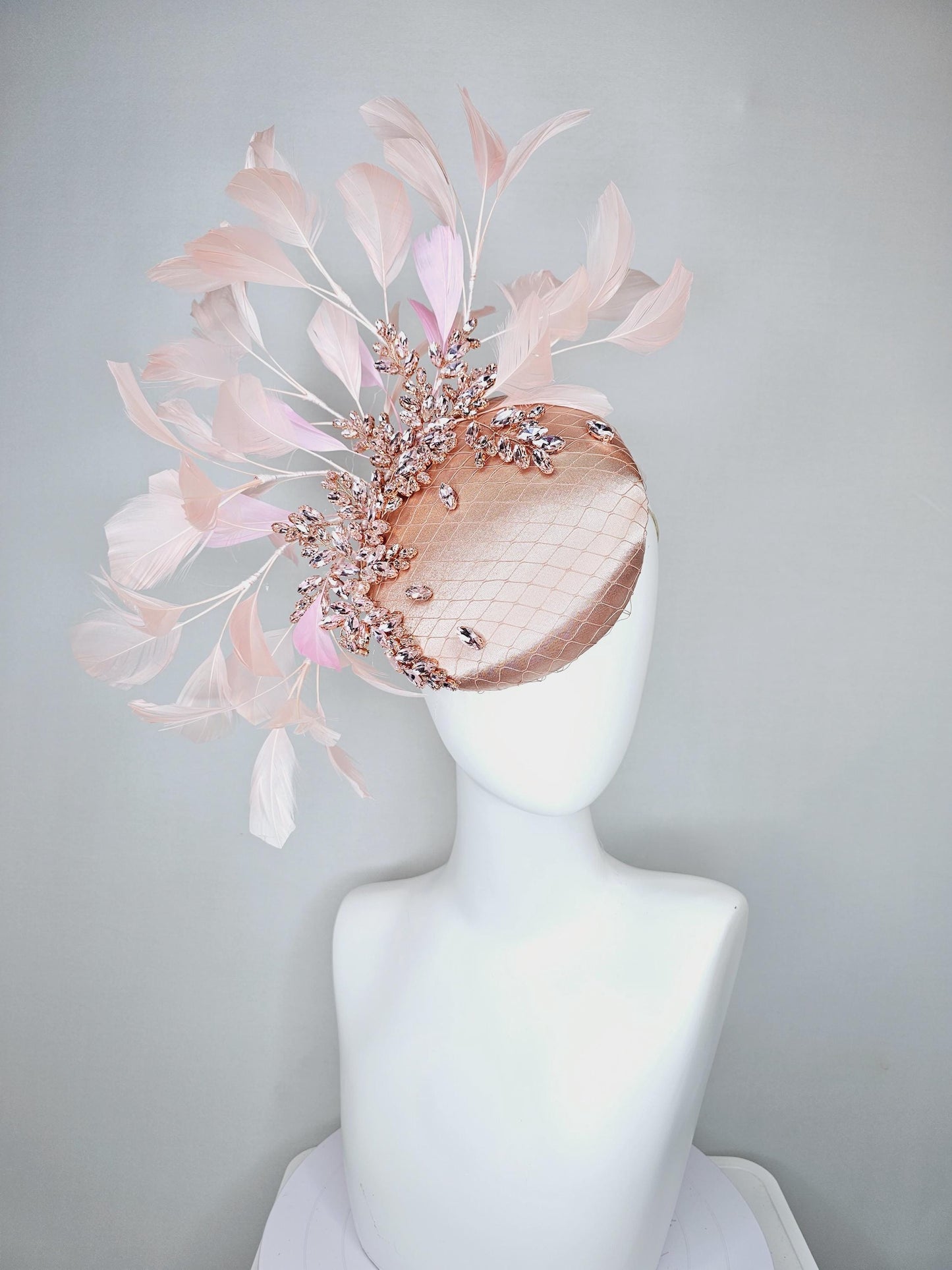 kentucky derby hat fascinator light pink champagne satin with netting, light pink crystal rhinestones jewels stems,light pink blush feathers