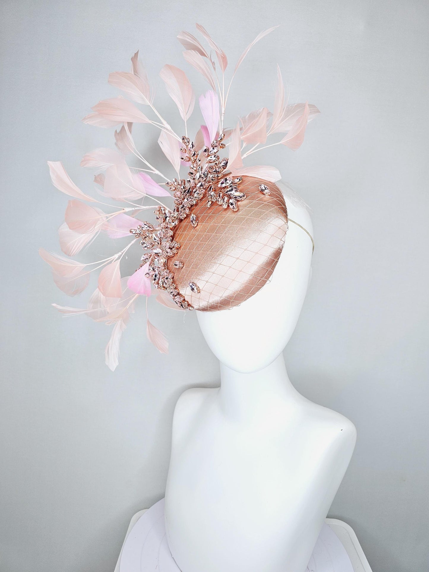 kentucky derby hat fascinator light pink champagne satin with netting, light pink crystal rhinestones jewels stems,light pink blush feathers